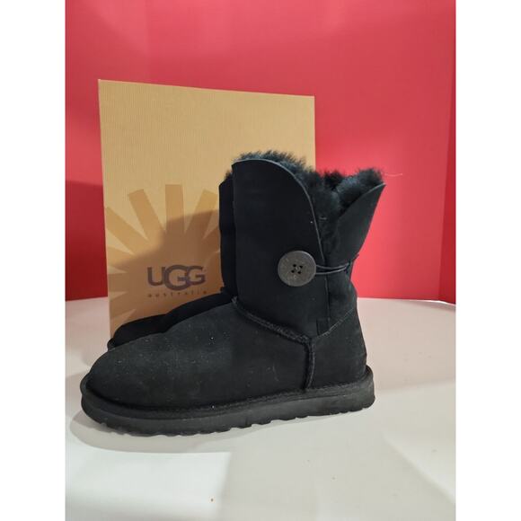 UGG Women Bailey Button Bling Black Boots Size 7 Sheepskin Shearling S/N 5803 - Picture 6 of 13